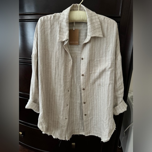 Rebecca King Tops - Rebecca King one-of-a-kind sample oatmeal linen stripe button down shirt top